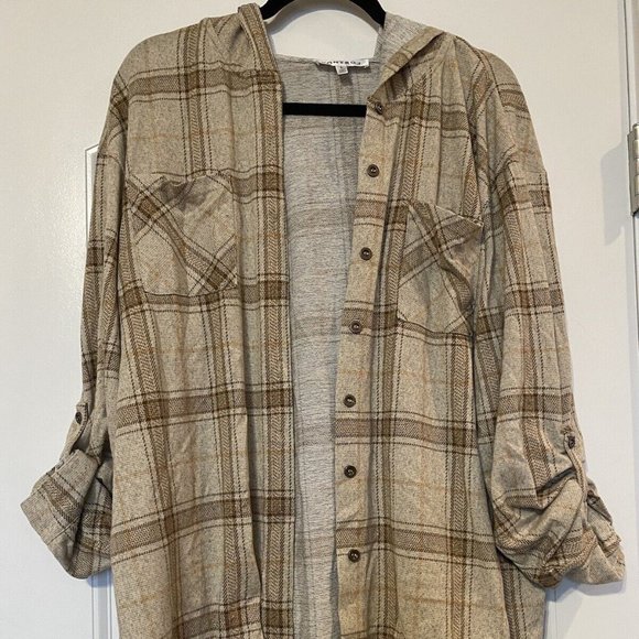 Kontrol Brown Plaid Button Down Hooded 3/4 Sleeve Front Pocket Shirt  L - Picture 1 of 4